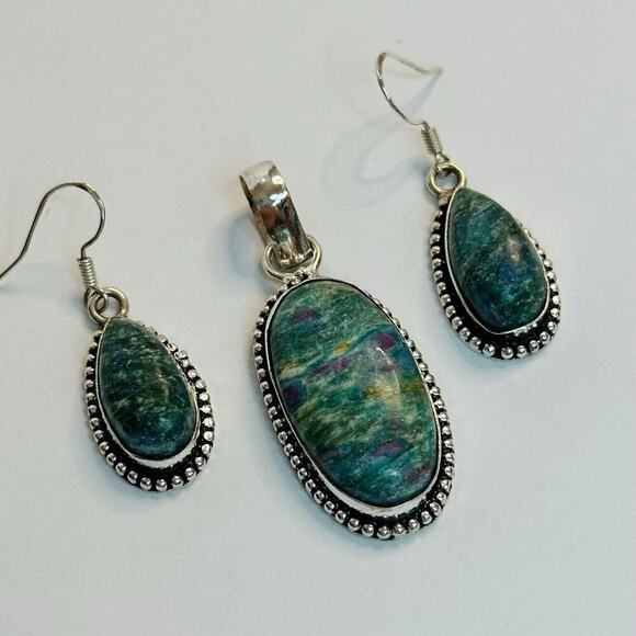 Jewelry - Sterling Silver and Ruby Fuchsite Pendant and Drop Earrings